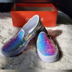 Brand new girls size 1 mermaid like sequin slip on shoes.